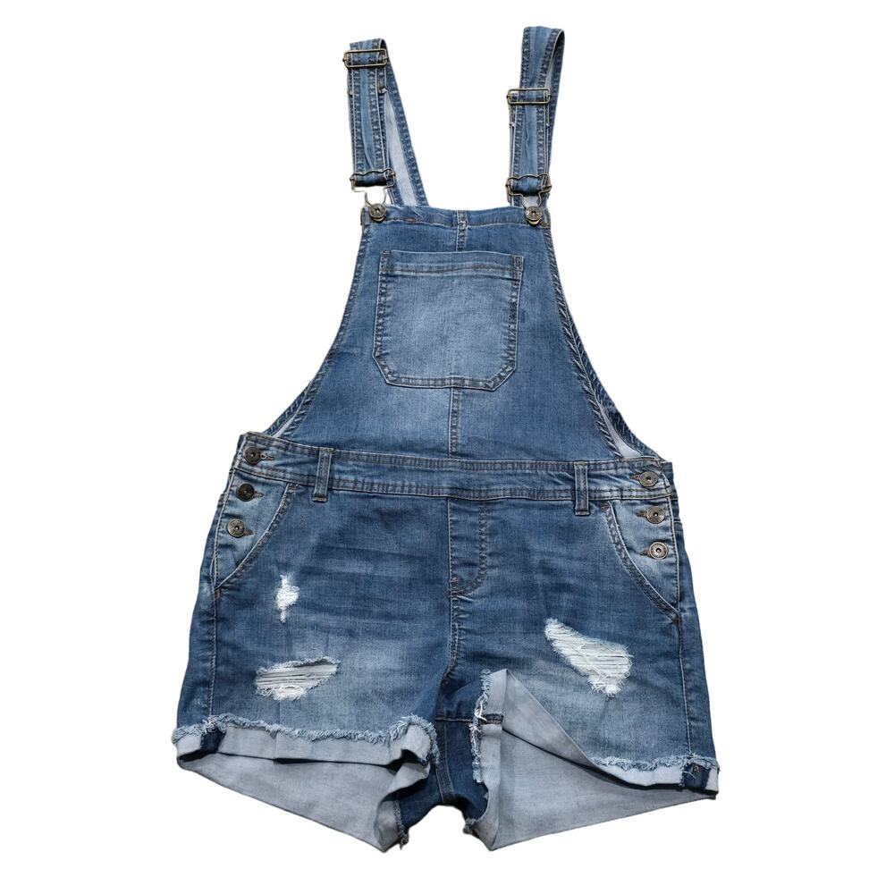 Vanilla Star Distressed Light Wash Blue Denim Jean Short Overalls Y2K Button Up
